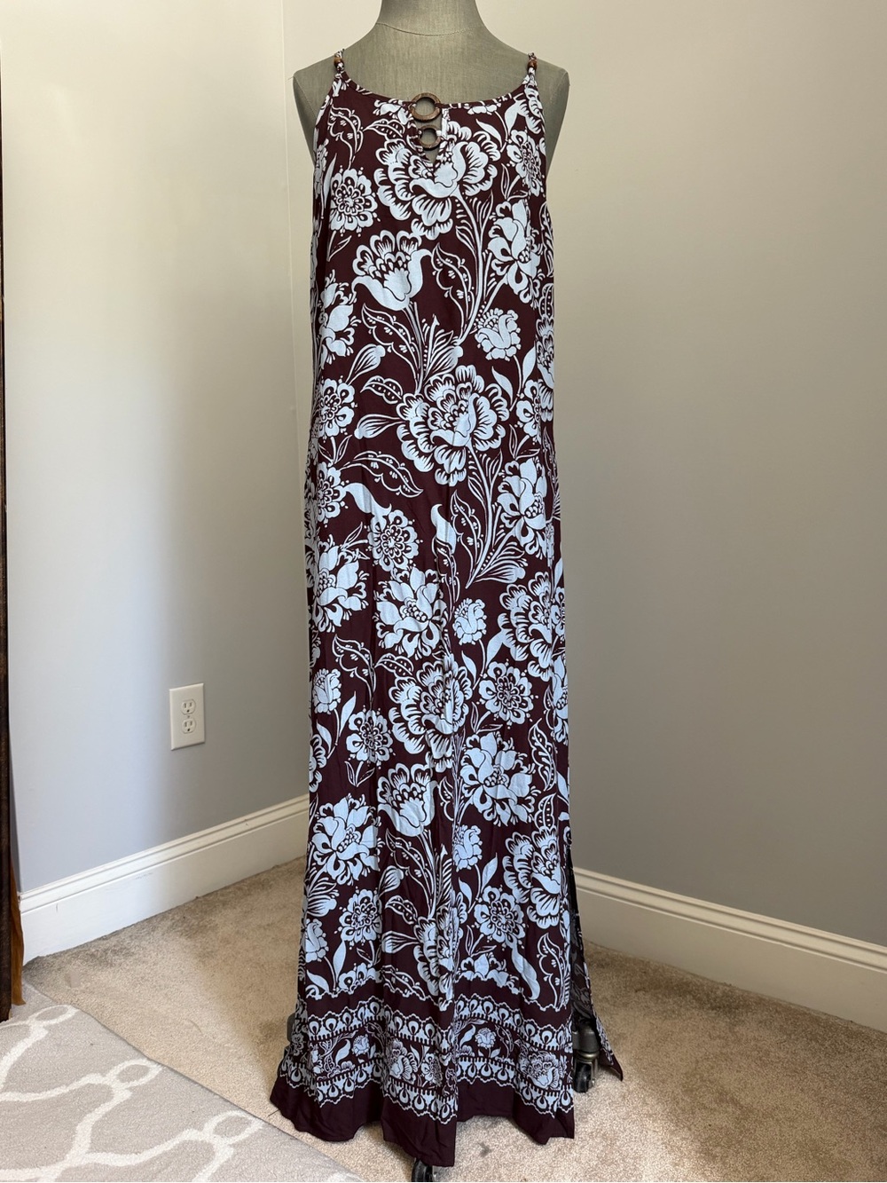 NWT NAIF Espresso and Blue Floral Maxi Dress with Ring Detail Size XL